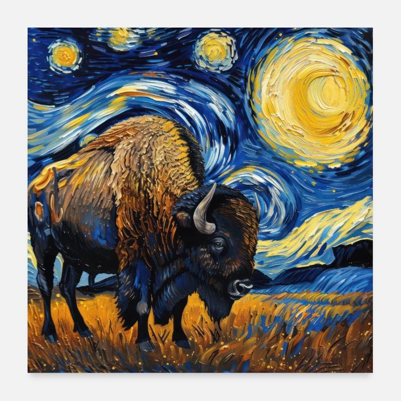 Bison, Buffle, Animal, Van Gogh, Nuit Étoilée Poster 60 x 60 cm