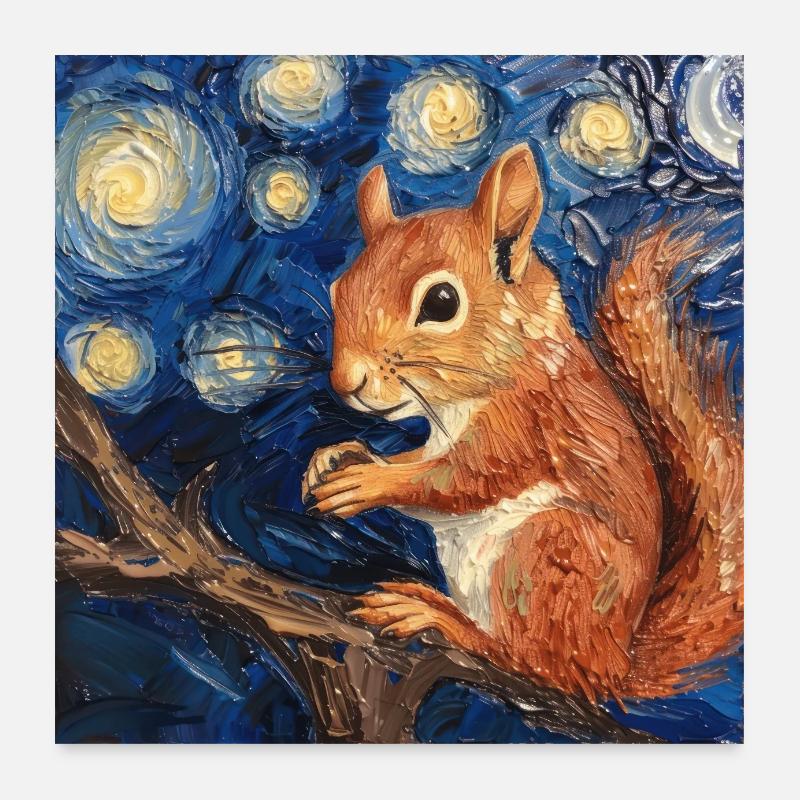 eichhörnchen, van gogh, sternennacht Poster 60x60 cm