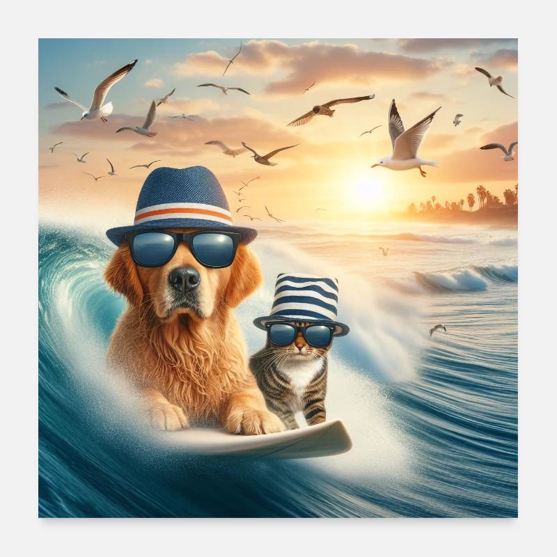 chient et chat surfeur Poster 60 x 60 cm
