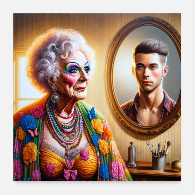 Transvestit Spiegelung junger Mann Poster 60x60 cm