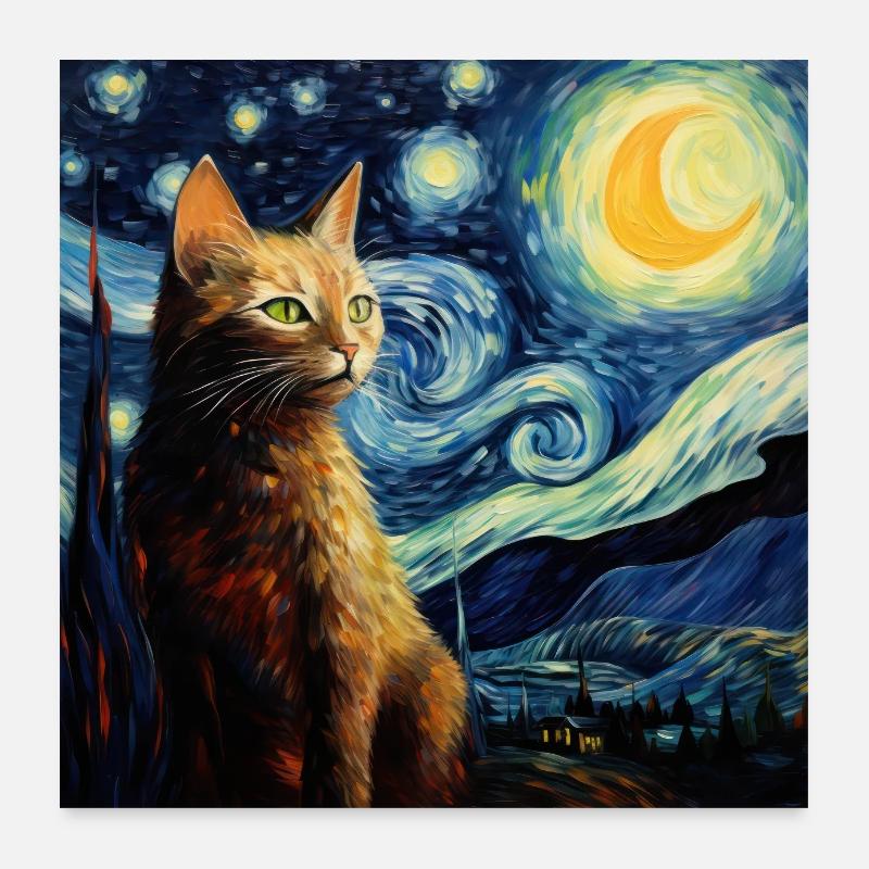 Chat, Motif De Chat, Van Gogh, Nuit Étoilée Poster 60 x 60 cm