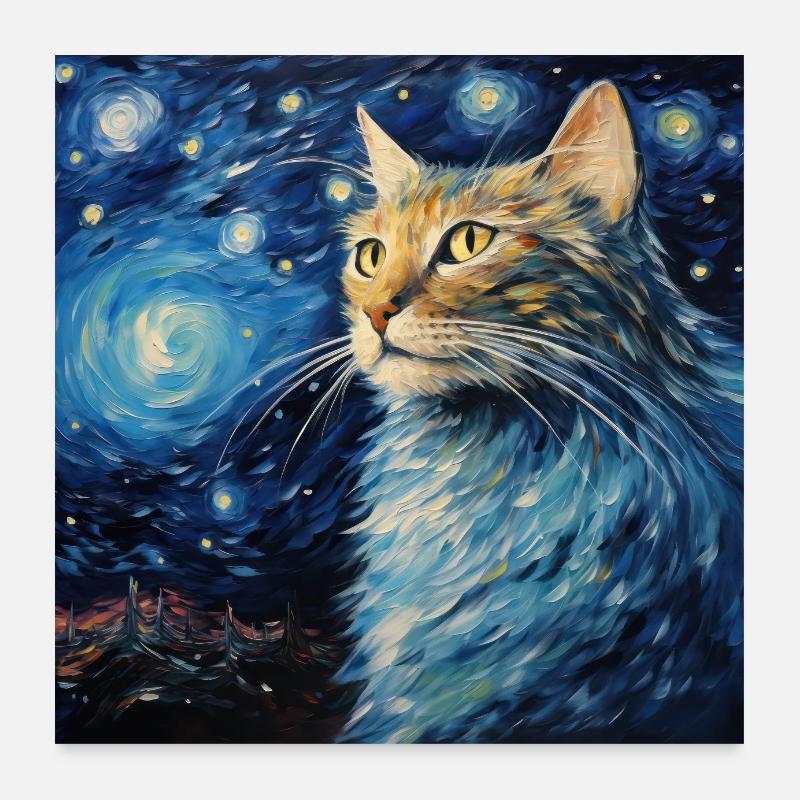 Chat, Motif De Chat, Van Gogh, Nuit Étoilée Poster 60 x 60 cm