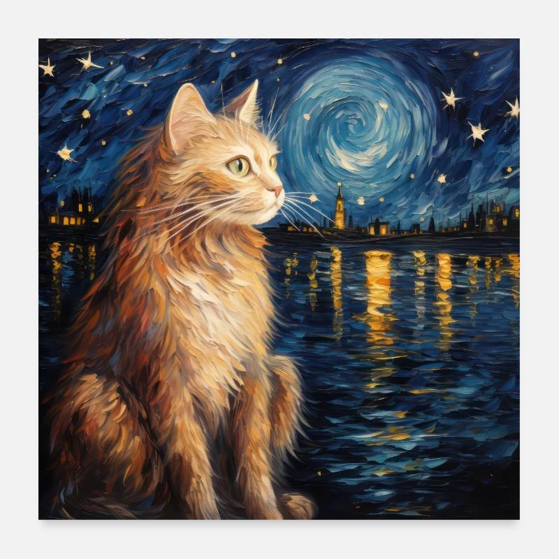 Chat, Motif De Chat, Van Gogh, Nuit Étoilée Poster 60 x 60 cm