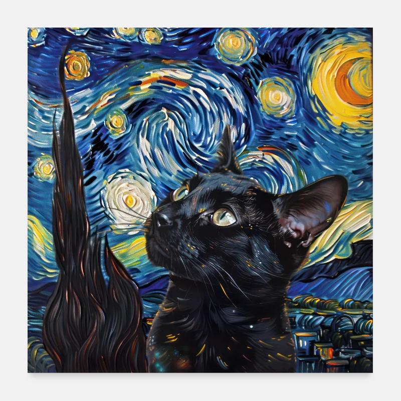 Chat, Motif De Chat, Van Gogh, Nuit Étoilée Poster 60 x 60 cm