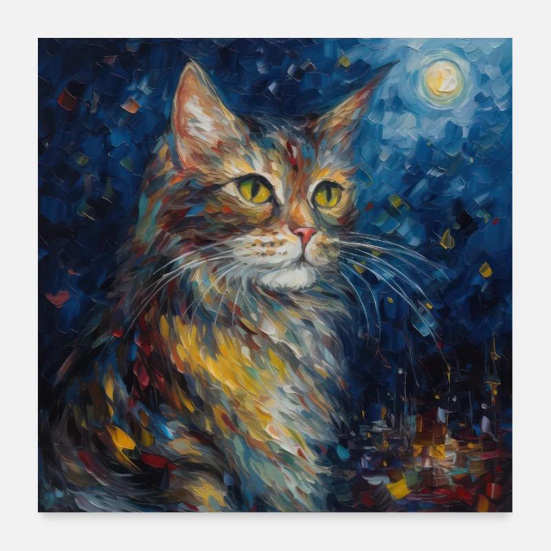 Chat, Motif De Chat, Van Gogh, Nuit Étoilée Poster 60 x 60 cm