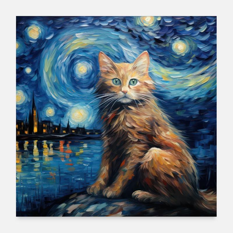 Chat, Motif De Chat, Van Gogh, Nuit Étoilée Poster 60 x 60 cm
