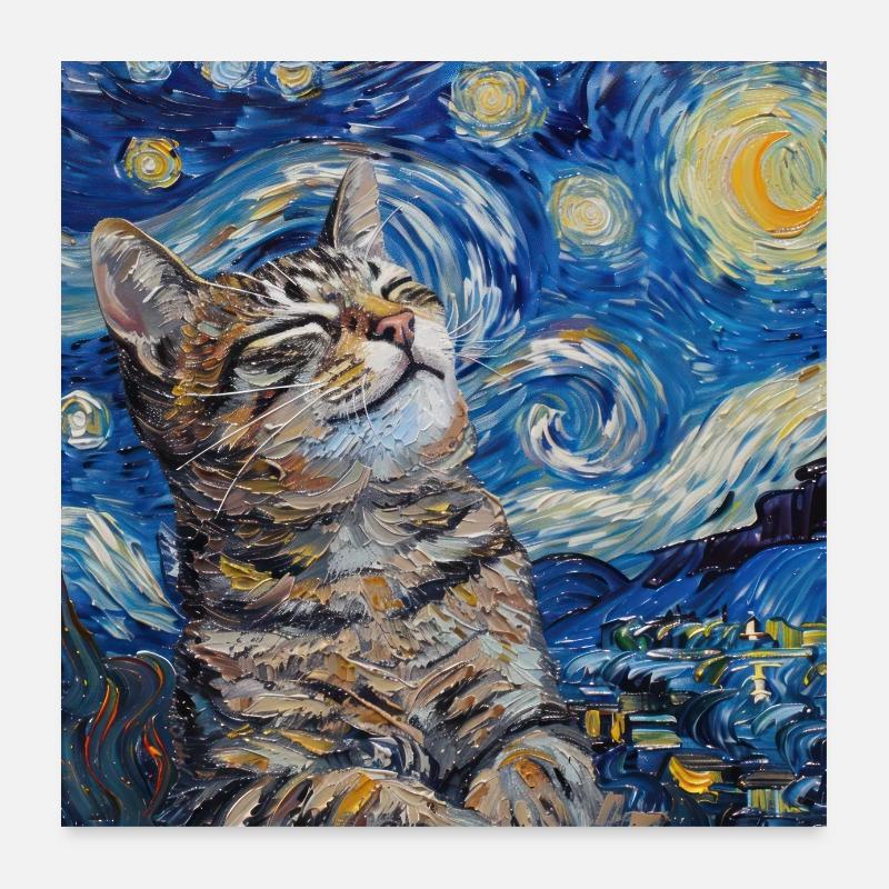 Chat, Motif De Chat, Van Gogh, Nuit Étoilée Poster 60 x 60 cm