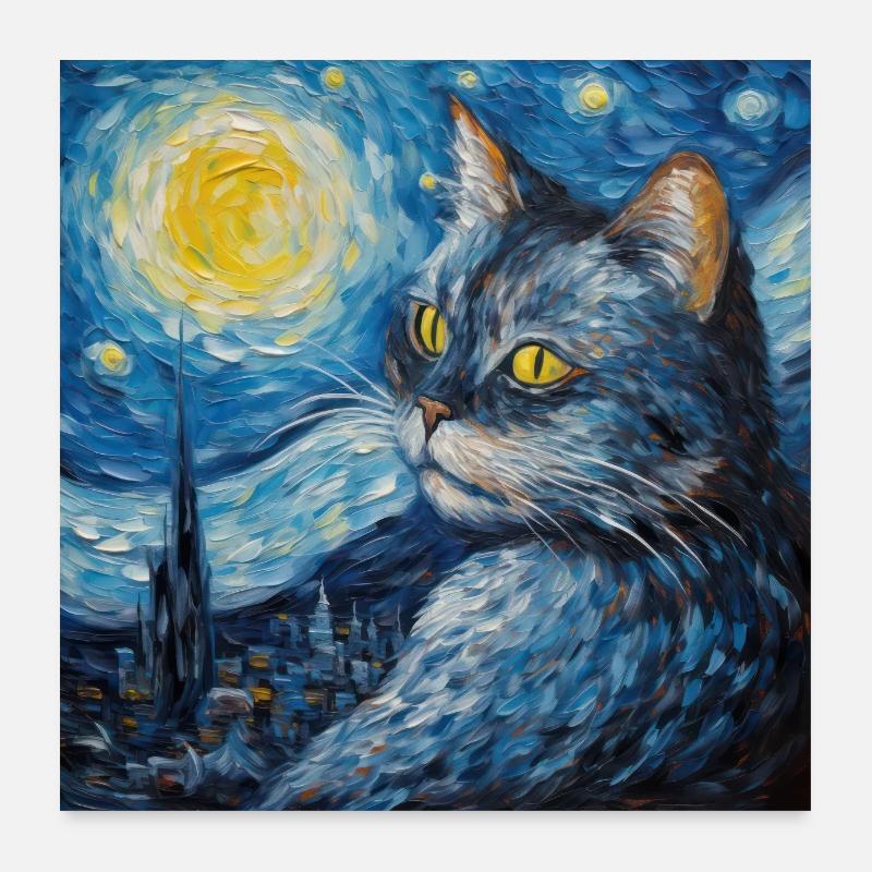 Chat, Motif De Chat, Van Gogh, Nuit Étoilée Poster 60 x 60 cm