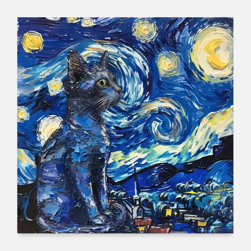 Chat, Motif De Chat, Van Gogh, Nuit Étoilée Poster 60 x 60 cm