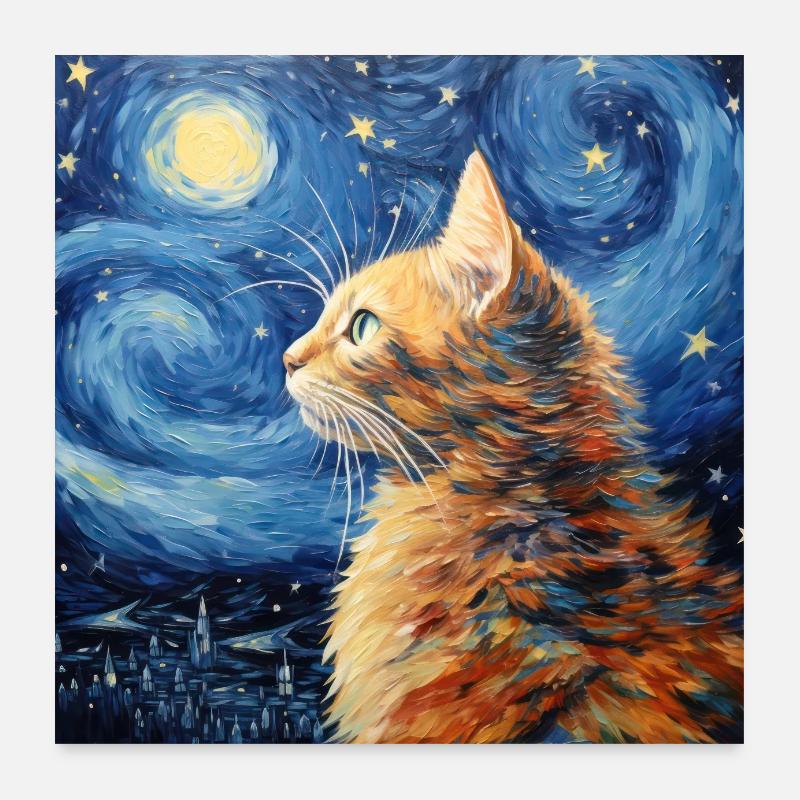 Chat, Motif De Chat, Van Gogh, Nuit Étoilée Poster 60 x 60 cm