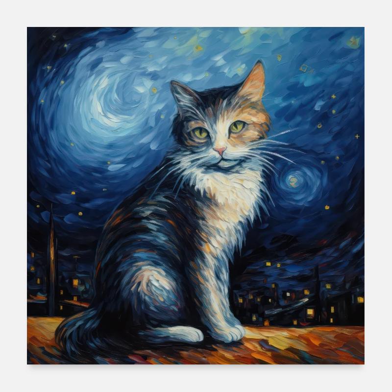 Chat, motif de chat, van gogh, nuit étoilée Poster 60 x 60 cm