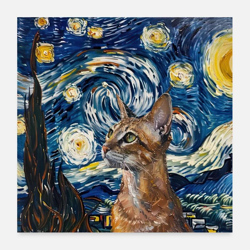 Chat, Motif De Chat, Van Gogh, Nuit Étoilée Poster 60 x 60 cm