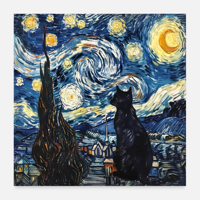 Chat, Motif De Chat, Van Gogh, Nuit Étoilée Poster 60 x 60 cm