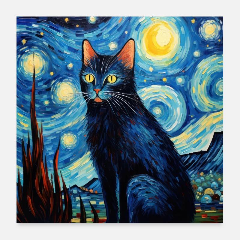Chat, Motif De Chat, Van Gogh, Nuit Étoilée Poster 60 x 60 cm