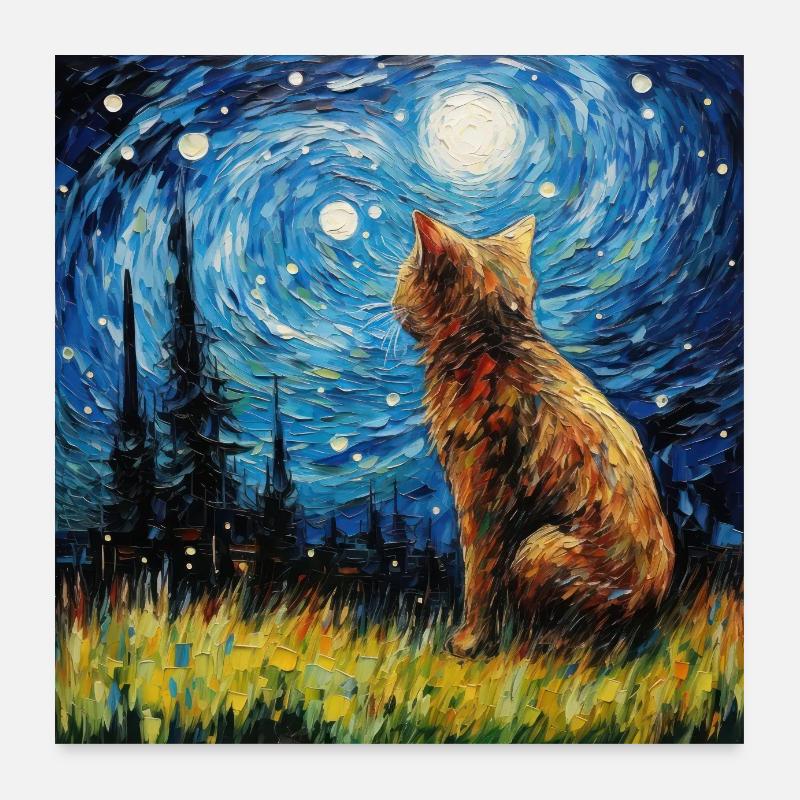 Chat, Motif De Chat, Van Gogh, Nuit Étoilée Poster 60 x 60 cm