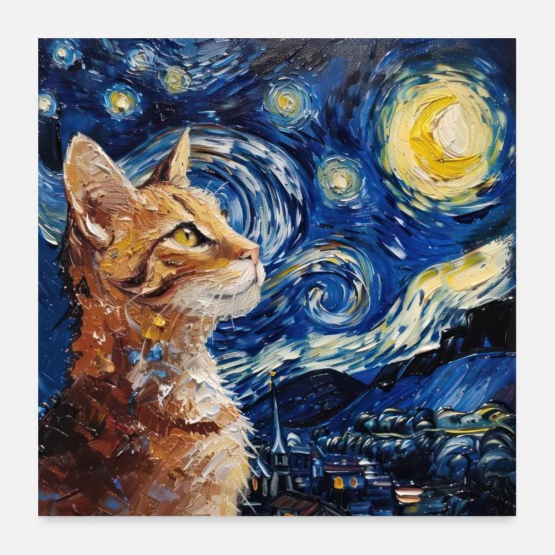 Chat, Motif De Chat, Van Gogh, Nuit Étoilée Poster 60 x 60 cm