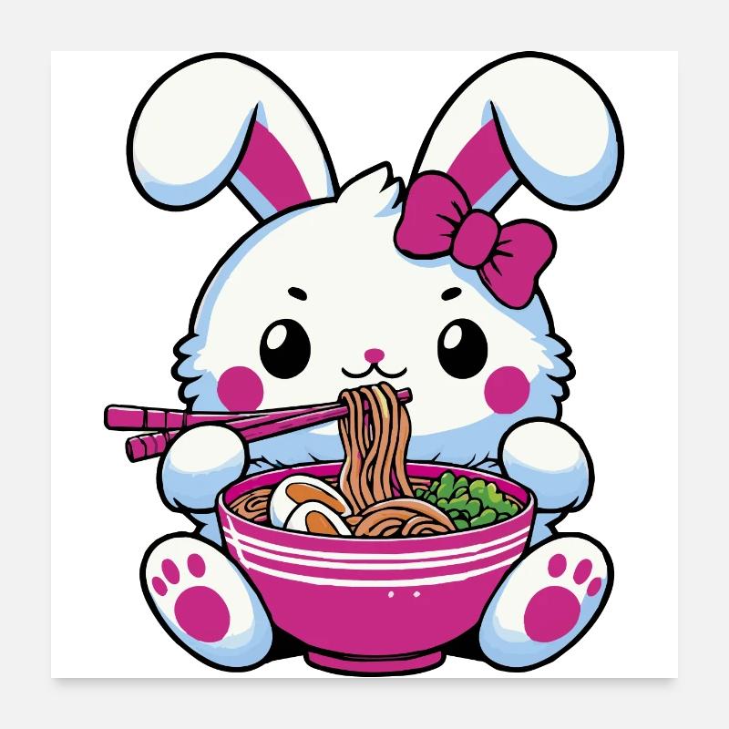 Lapin mignon kawaii mangeant des ramen Poster 60 x 60 cm