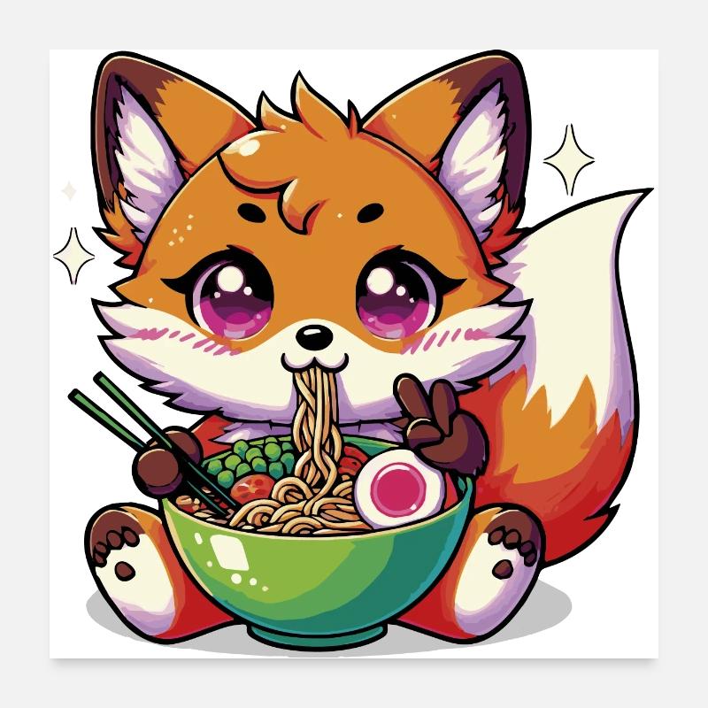 Mignon renard kawaii mangeant des ramen 1 Poster 60 x 60 cm