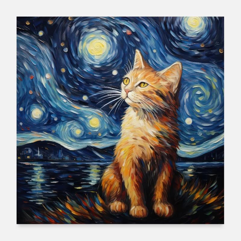 Katze, katzenmotiv, van gogh, sternennacht Poster 60x60 cm