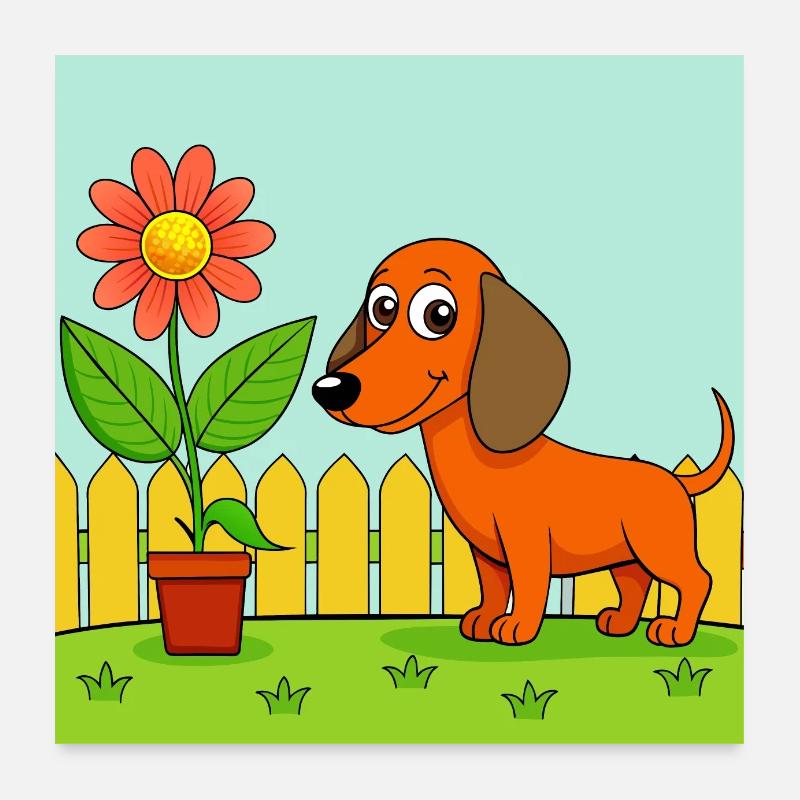 Teckel curieux reniflant la fleur dans le jardin Poster 60 x 60 cm