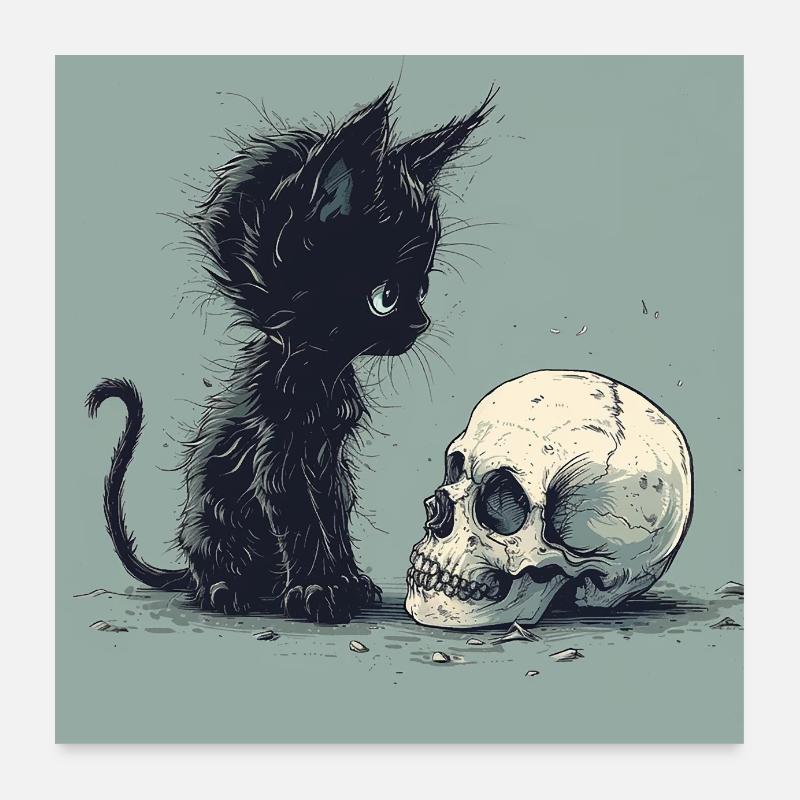 Cute Emo Gothic Kitten and Skull Poster 24" x 24" (60x60 cm)