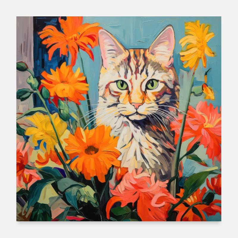 chat, motif de chat, fleurs, cadeau, idée cadeau - Poster 60 x 60 cm - blanc
