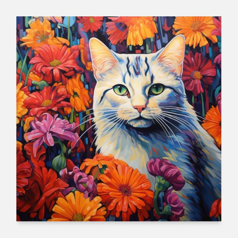 chat, motif de chat, fleurs, cadeau, idée cadeau Poster 60 x 60 cm