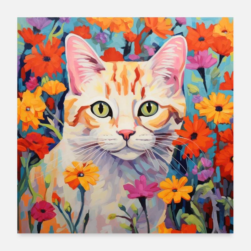 chat, motif de chat, fleurs, cadeau, idée cadeau Poster 60 x 60 cm