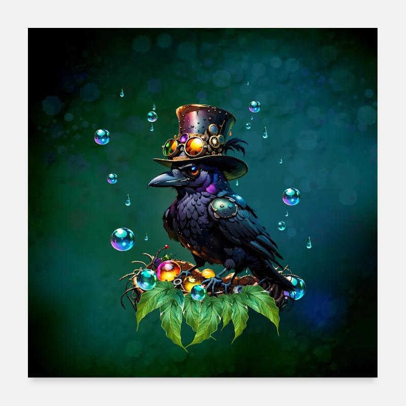 Fantastischer Steampunk-Rabe - Poster 60x60 cm - Weiß
