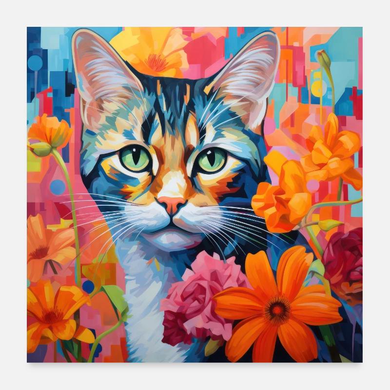 chat, motif de chat, fleurs, cadeau, idée cadeau Poster 60 x 60 cm