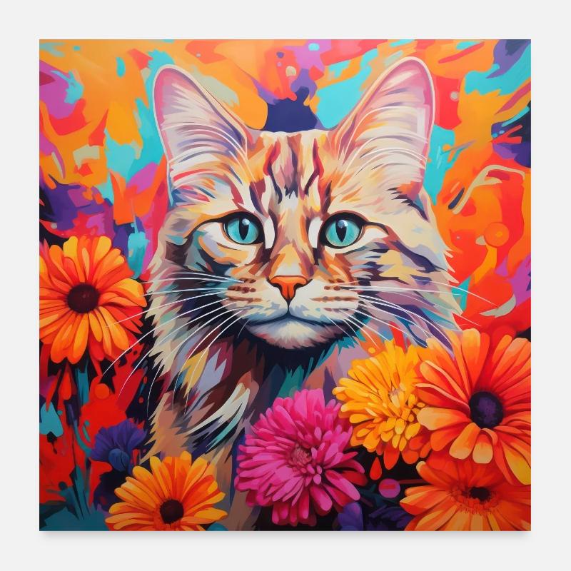 chat, motif de chat, fleurs, cadeau, idée cadeau Poster 60 x 60 cm