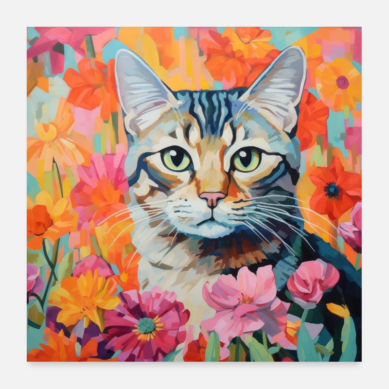 chat, motif de chat, fleurs, cadeau, idée cadeau Poster 60 x 60 cm