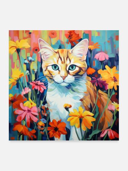 Katze, katzenmotiv, blumen, geschenk, geschenkidee - Poster 60x60 cm - Weiß - Vorne
