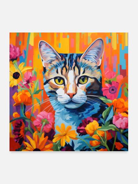 Katze, katzenmotiv, blumen, geschenk, geschenkidee - Poster 60x60 cm - Weiß - Vorne