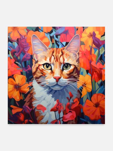 Katze, katzenmotiv, blumen, geschenk, geschenkidee - Poster 60x60 cm - Weiß - Vorne