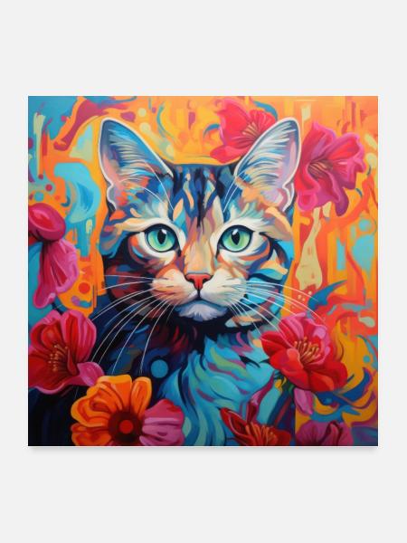 Katze, katzenmotiv, blumen, geschenk, geschenkidee - Poster 60x60 cm - Weiß - Vorne