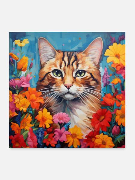 Katze, katzenmotiv, blumen, geschenk, geschenkidee - Poster 60x60 cm - Weiß - Vorne