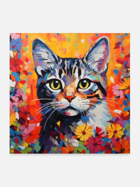 Katze, katzenmotiv, blumen, geschenk, geschenkidee - Poster 60x60 cm - Weiß - Vorne