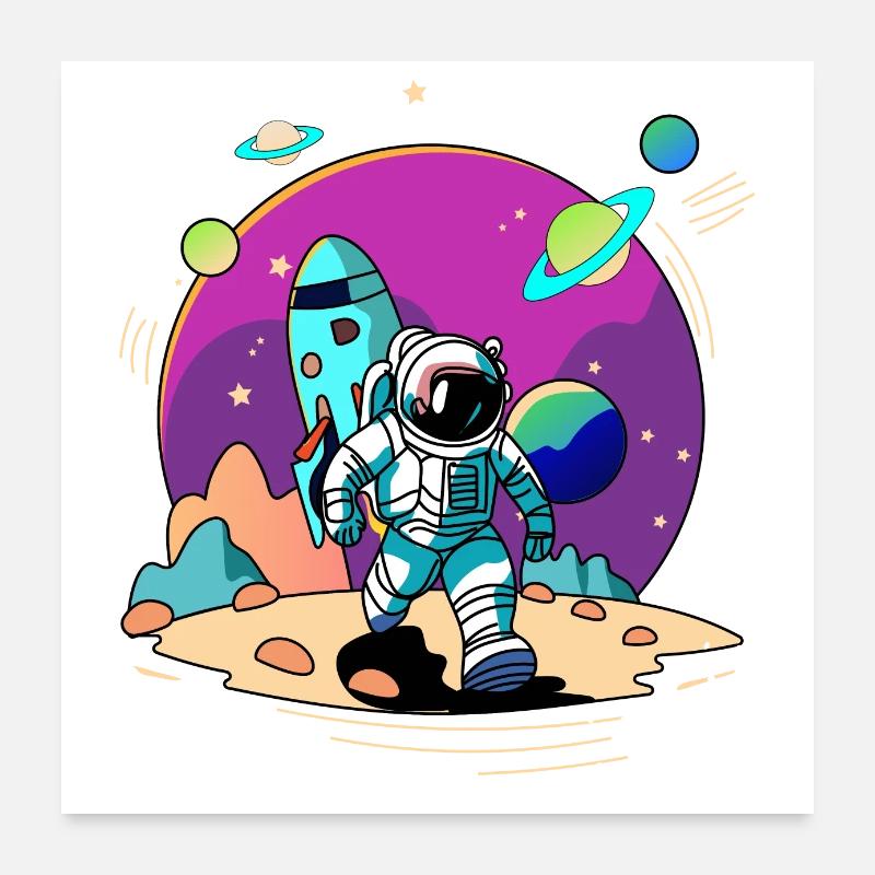 Astronaute de l’espace marchant dans une planète extraterrestre et une fusée Poster 60 x 60 cm