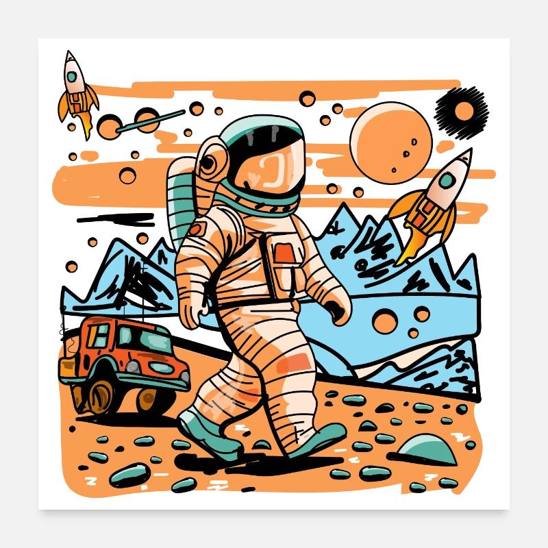 Astronaute de l’espace marchant dans une planète extraterrestre et une fusée Poster 60 x 60 cm