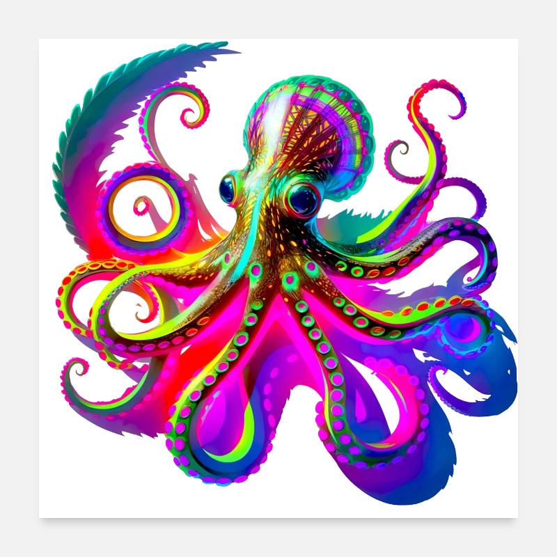 Neon-Oktopus Psychedelisch Poster 60x60 cm