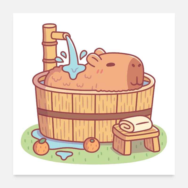 Capybara mignon se relaxant dans un bain à remous en bois Poster 60 x 60 cm