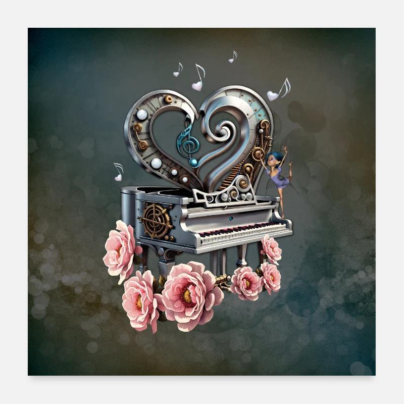 Piano steampunk avec coeur Poster 60 x 60 cm