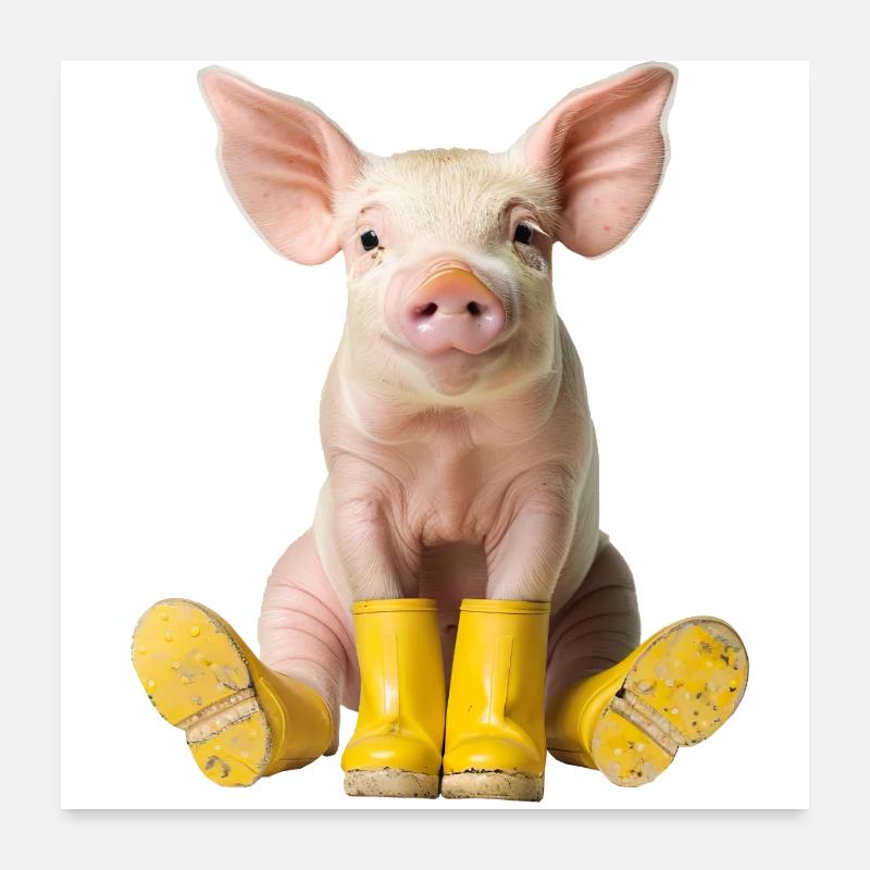 Petit porcelet en bottes de caoutchouc - Poster 60 x 60 cm - blanc