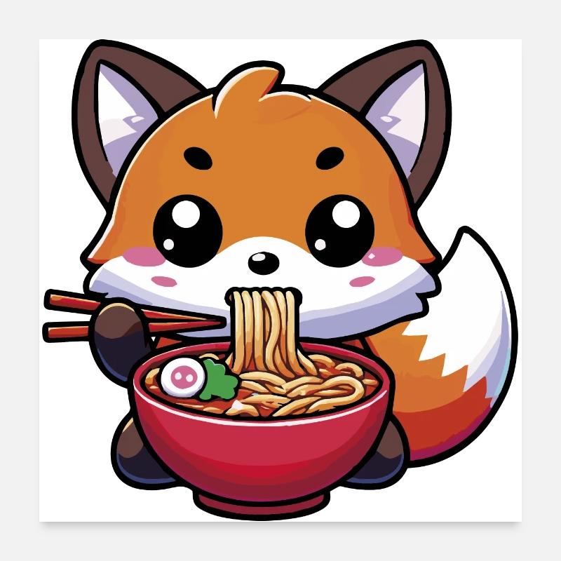 Cute Kawaii Fox eating Ramen Poster 24" x 24" (60x60 cm)