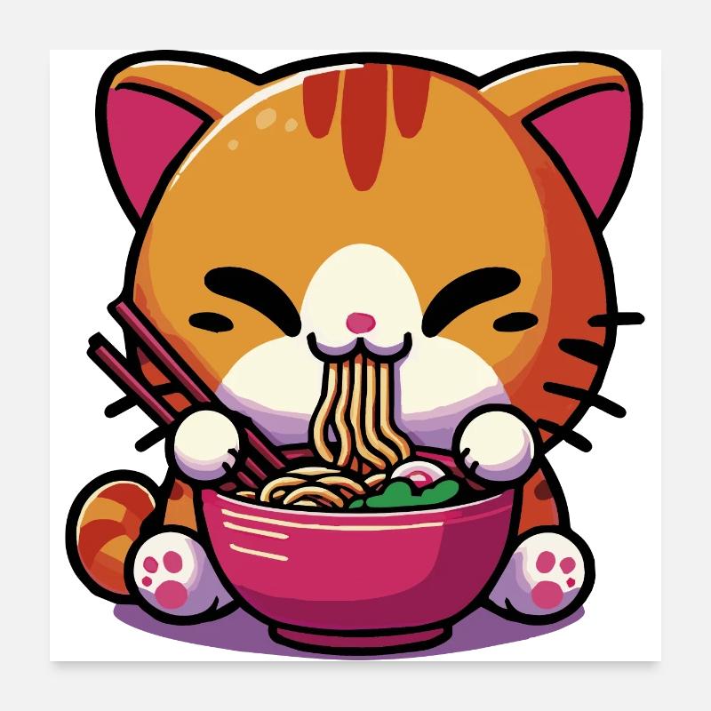 Chat Kawaii Neko mignon mangeant des Ramen 1 Poster 60 x 60 cm