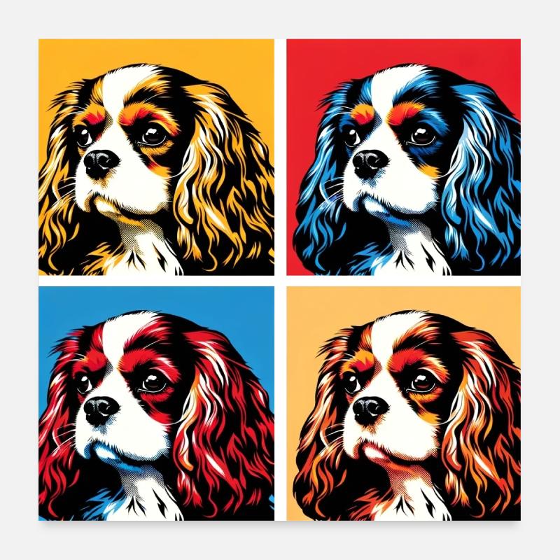 Pop Cavalier King Charles Spaniel chien Portrait - Poster 60 x 60 cm - blanc