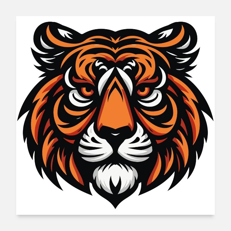 Ein grimmiges Tiger-Maskottchen entblößt seine mächtigen Reißzähne. Oder Poster 60x60 cm