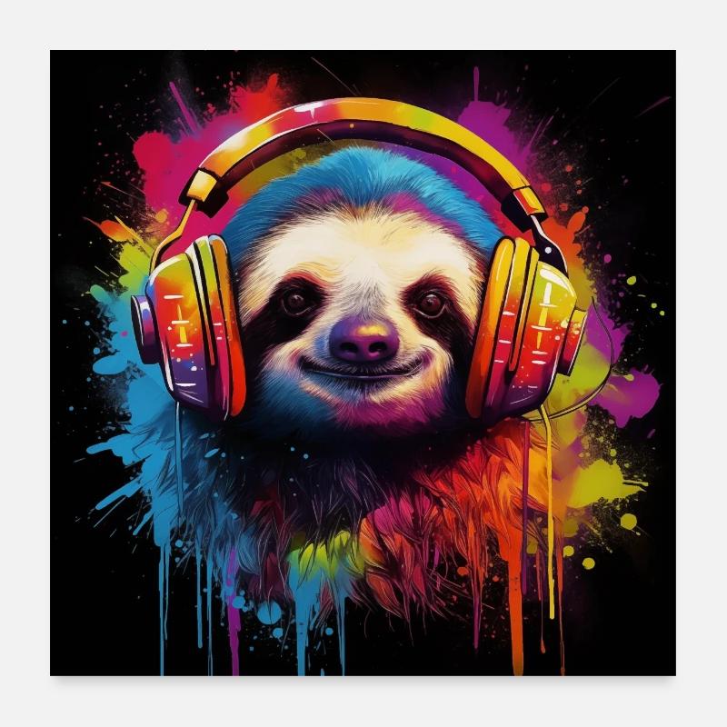 DJ Sloth with headphones Poster 24" x 24" (60x60 cm)
