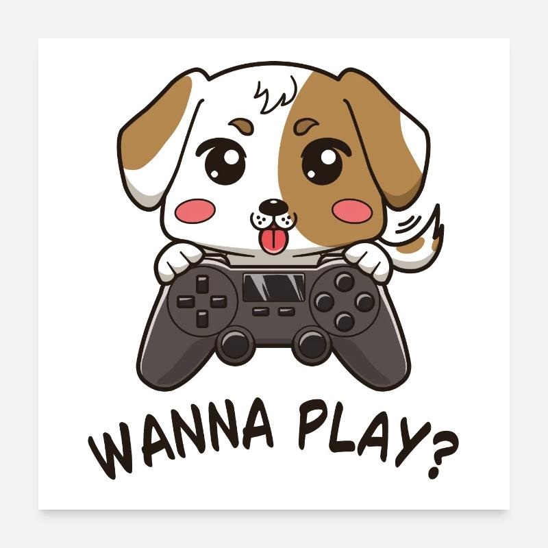 Süßer kleiner Comicstil Welpe mit Gamepad Poster 60x60 cm